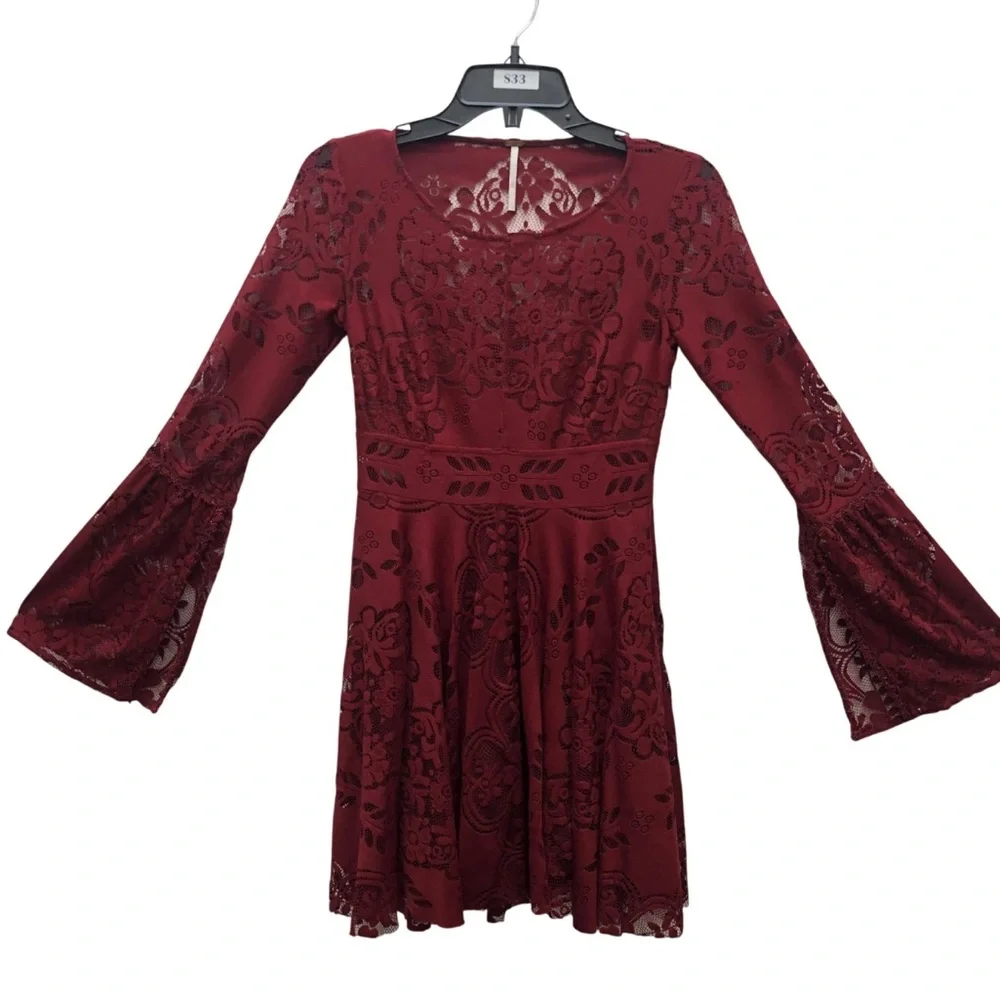 Free People Dress Womens XS Lace Bell Sleeve‎ Boho Cutout Fit Flare Party - Picture 14 of 14